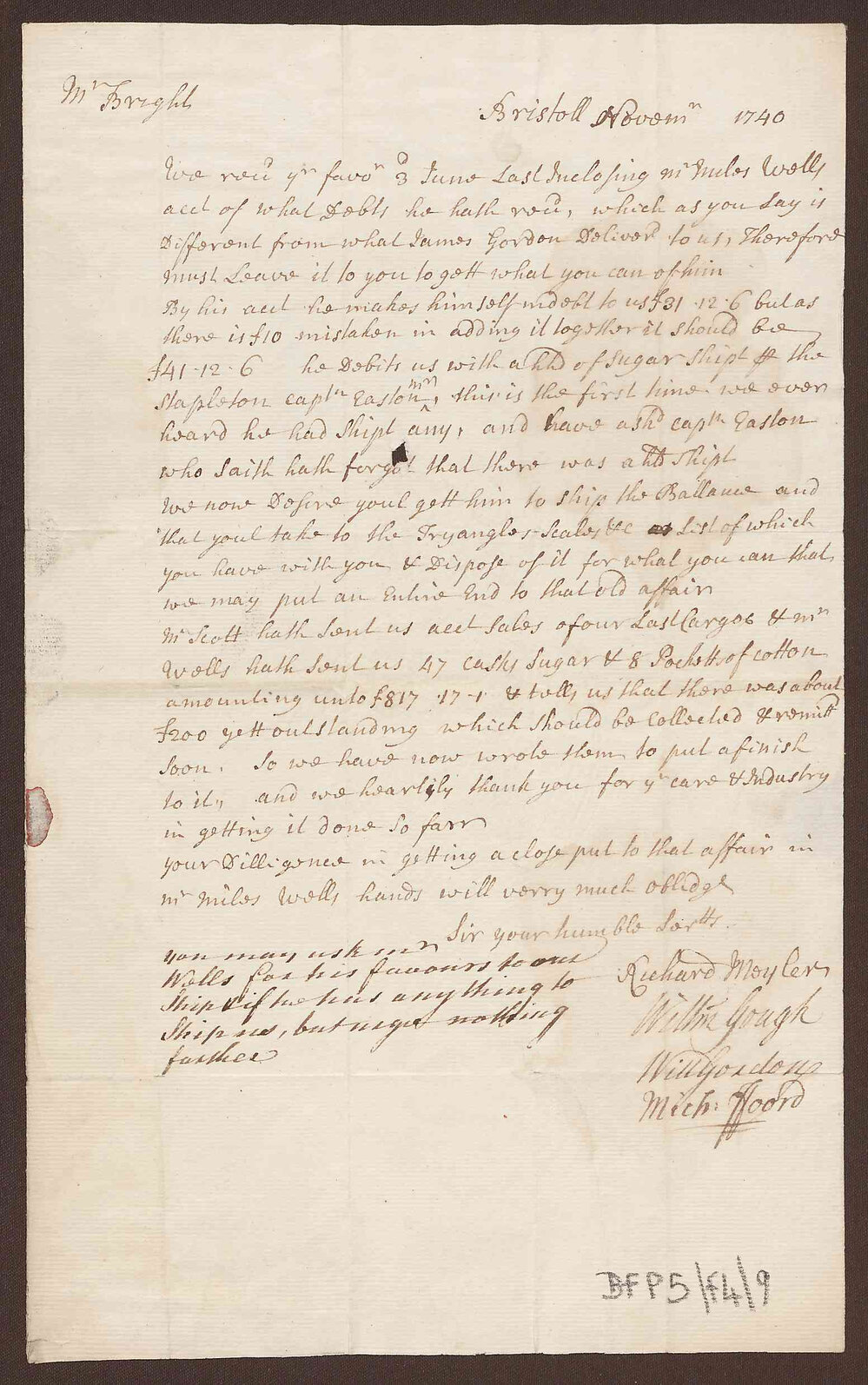 Letter to Henry Bright, St Christopher's, West Indies, from Michael Ffoord, William Gordon, William Gough and Richard Meyler, Bristol