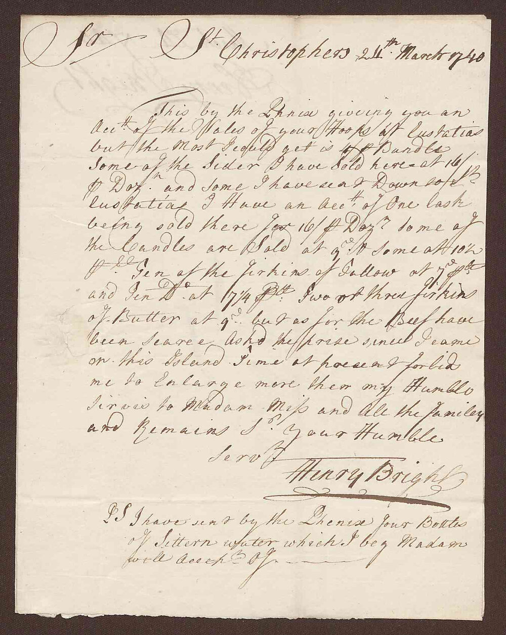 Letter to Richard Meyler, Merchant, Bristol, from Henry Bright, St. Christopher's, West Indies
