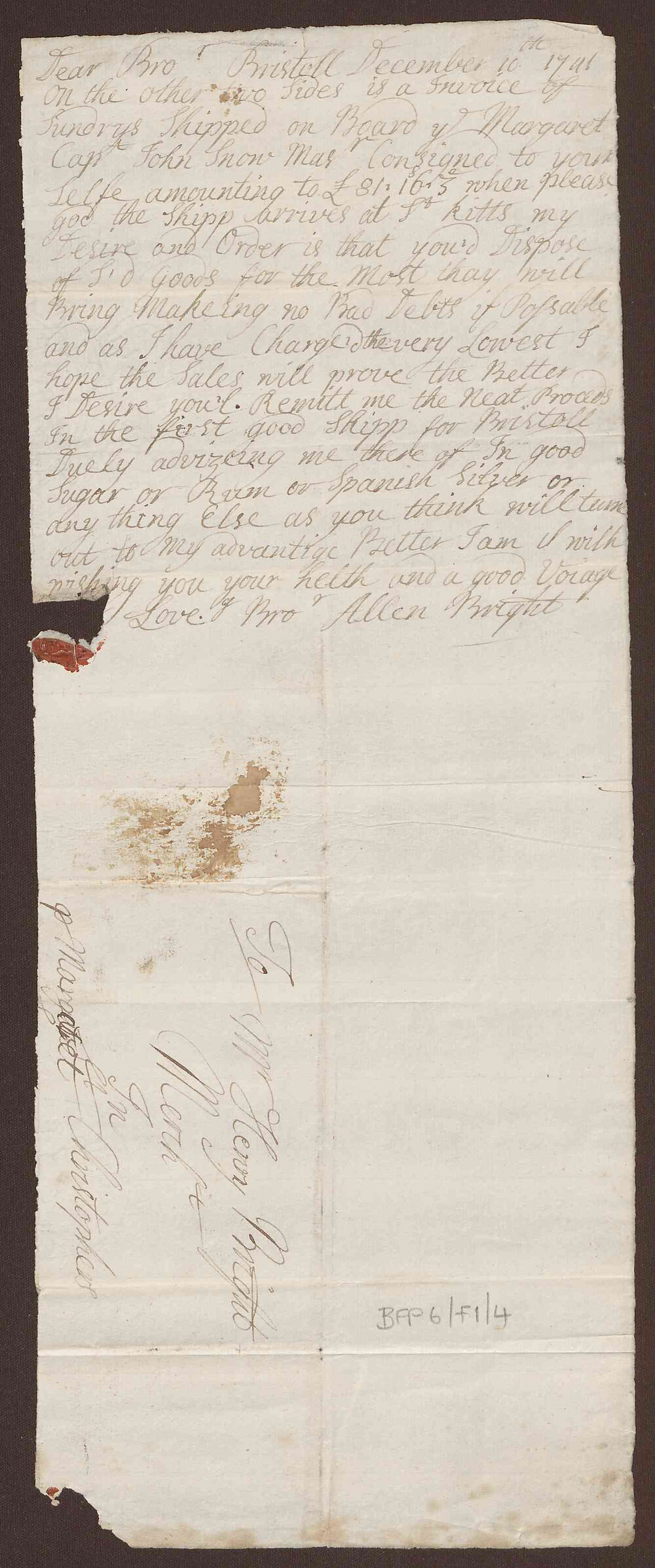 Letter to Henry Bright from Allen Bright, Bristol