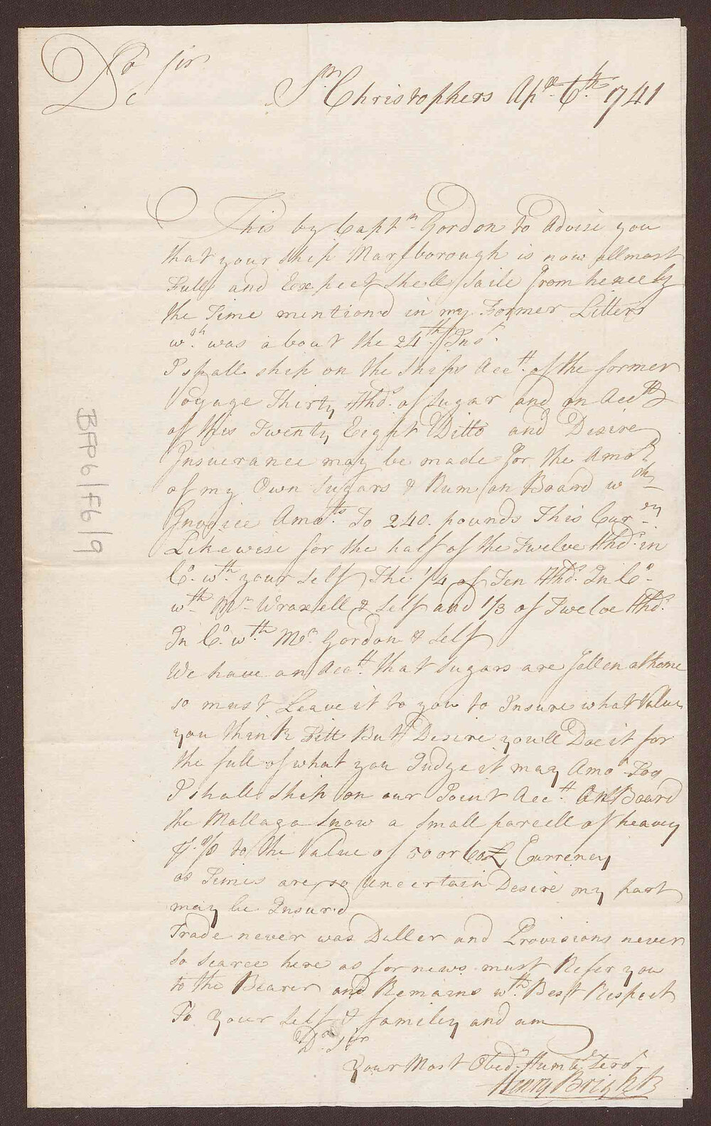 Letter to Richard Meyler, Bristol, from Henry Bright, St. Christopher's, West Indies