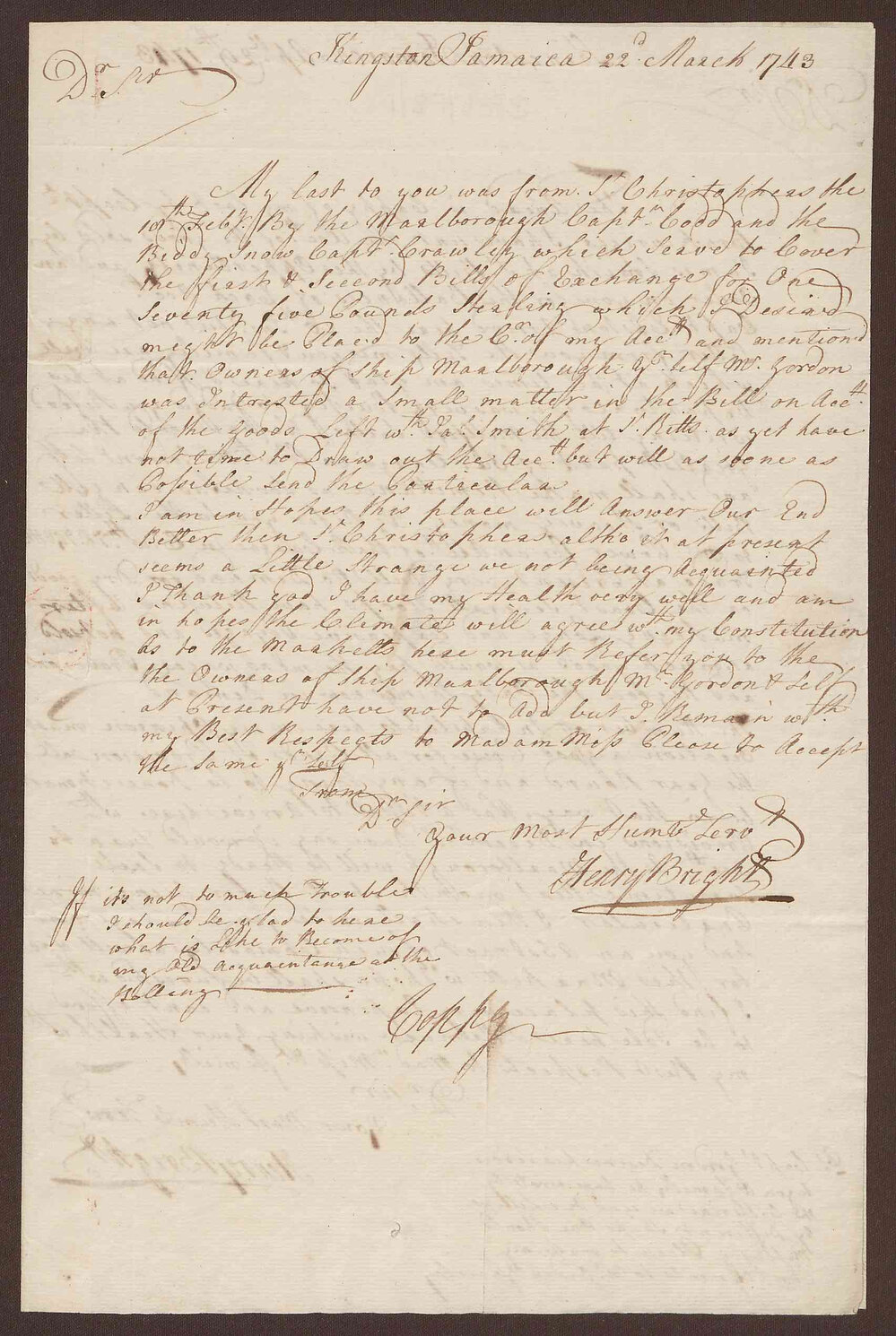 Letter to Richard Meyler, Bristol, from Henry Bright, Kingston, Jamaica