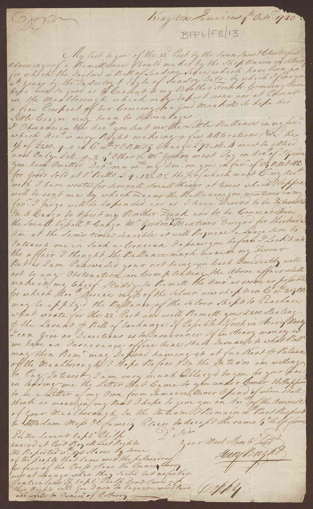 Letter to Richard Meyler, Bristol, from Henry Bright, Kingston, Jamaica