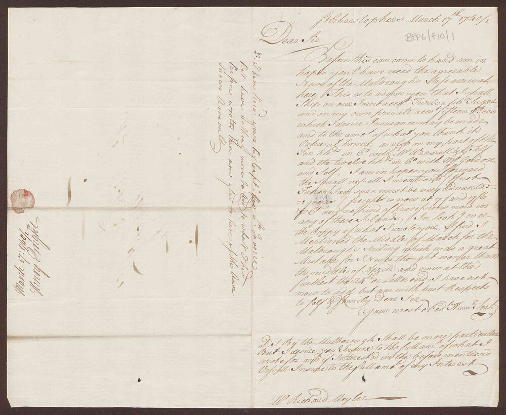 Letter to Richard Meyler, Bristol, from Henry Bright, St. Christopher's, West Indies