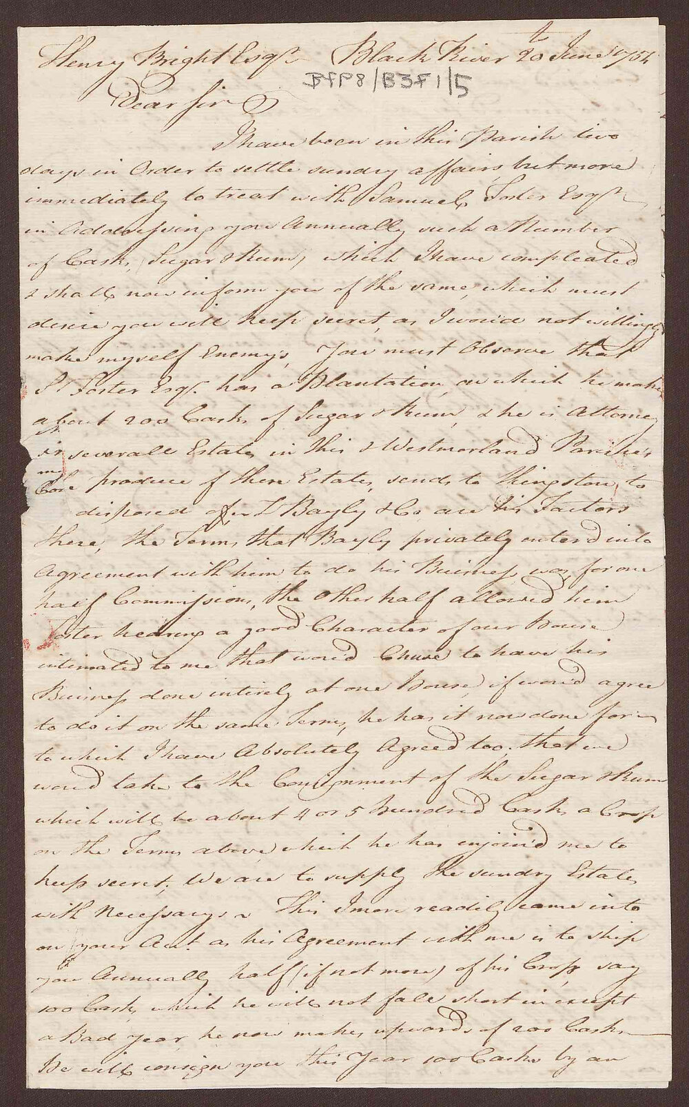 Letter to Henry Bright from Jeremiah Meyler, Black River, Jamaica