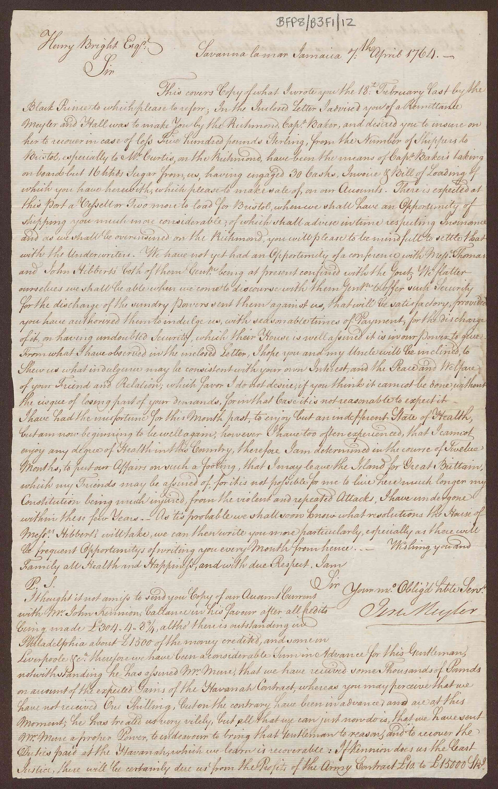 Letter to Henry Bright from Jeremiah Meyler, Savanna La Mar, Jamaica