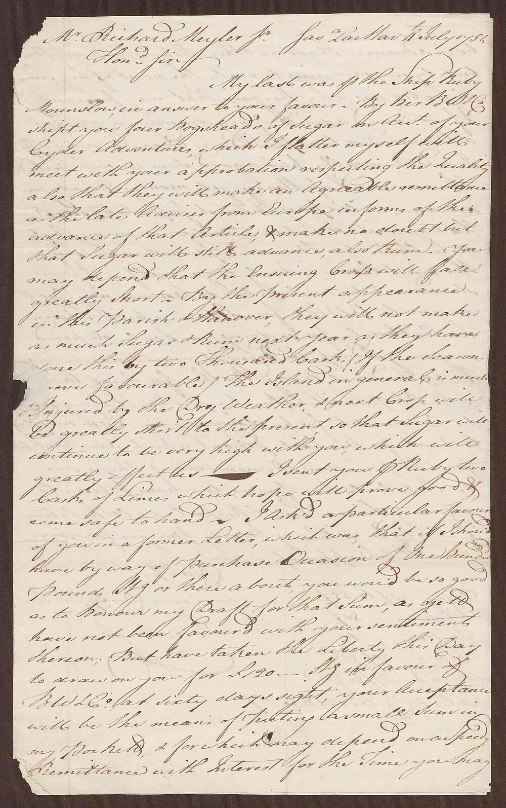 Letter to Richard Meyler Senior from Jeremiah Meyler, Savanna La Mar, Jamaica