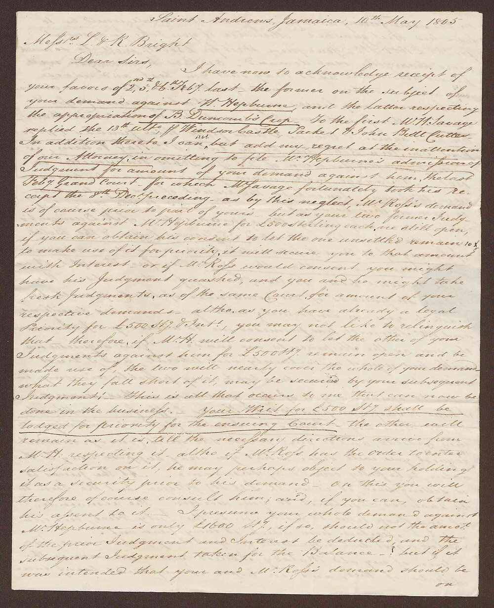 Letter to Lowbridge Bright, Bristol, from David Duncomb, St. Andrews, Jamaica