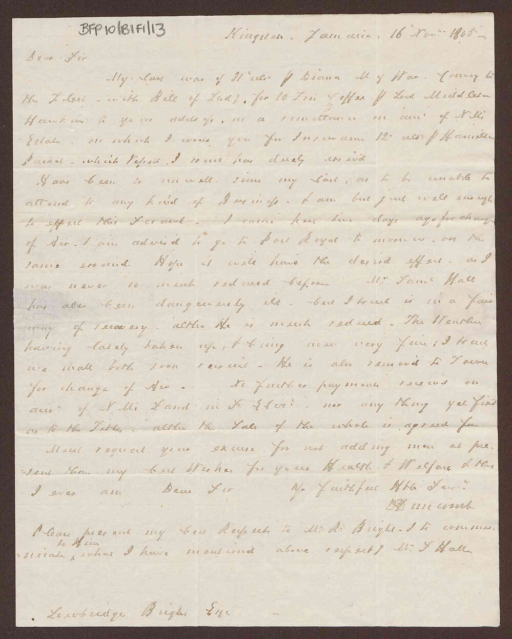 Letter to Lowbridge Bright, Bristol, from David Duncomb, Kingston, Jamaica