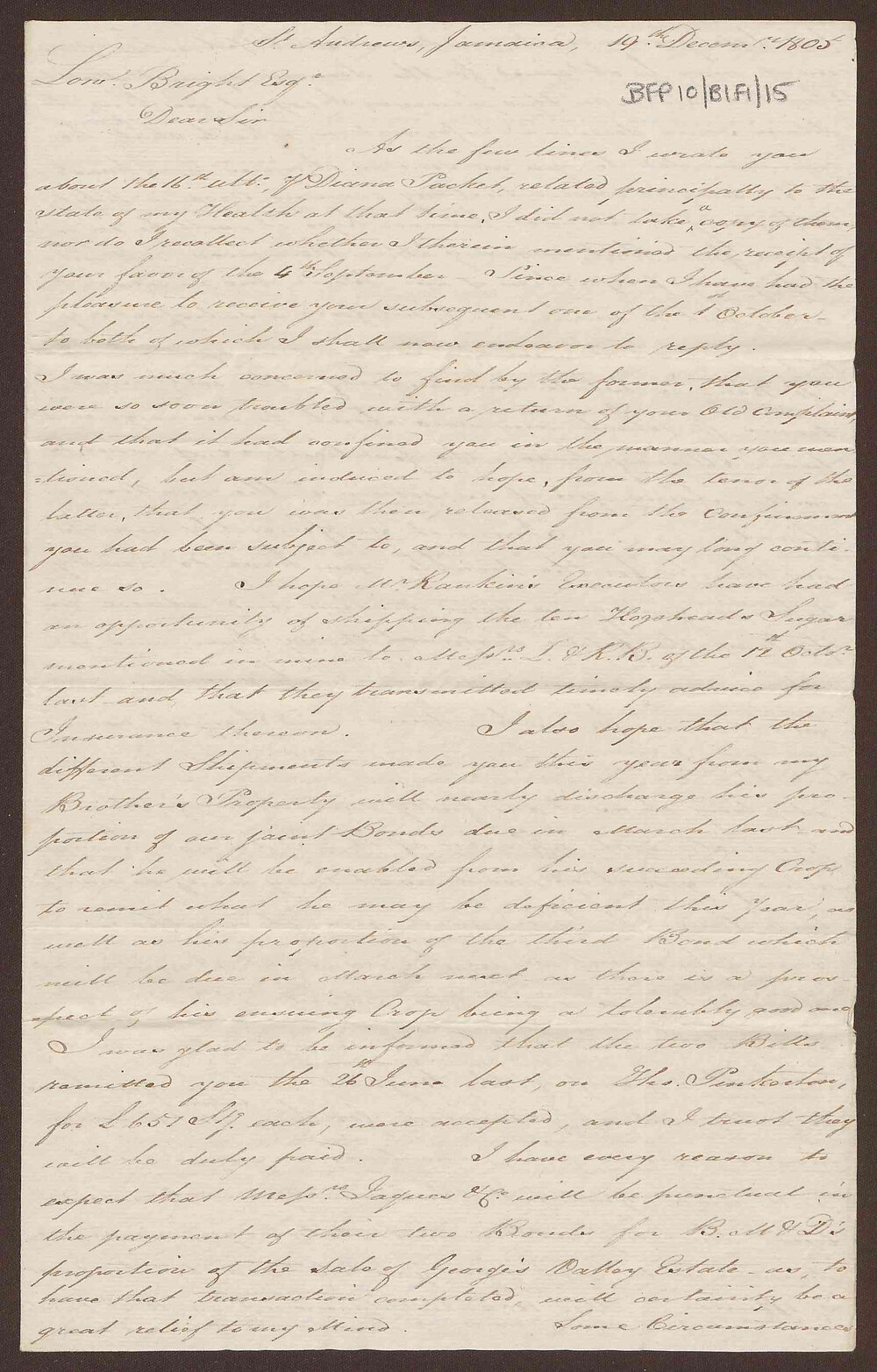 Letter to Lowbridge Bright, Bristol, from David Duncomb, St. Andrews, Jamaica