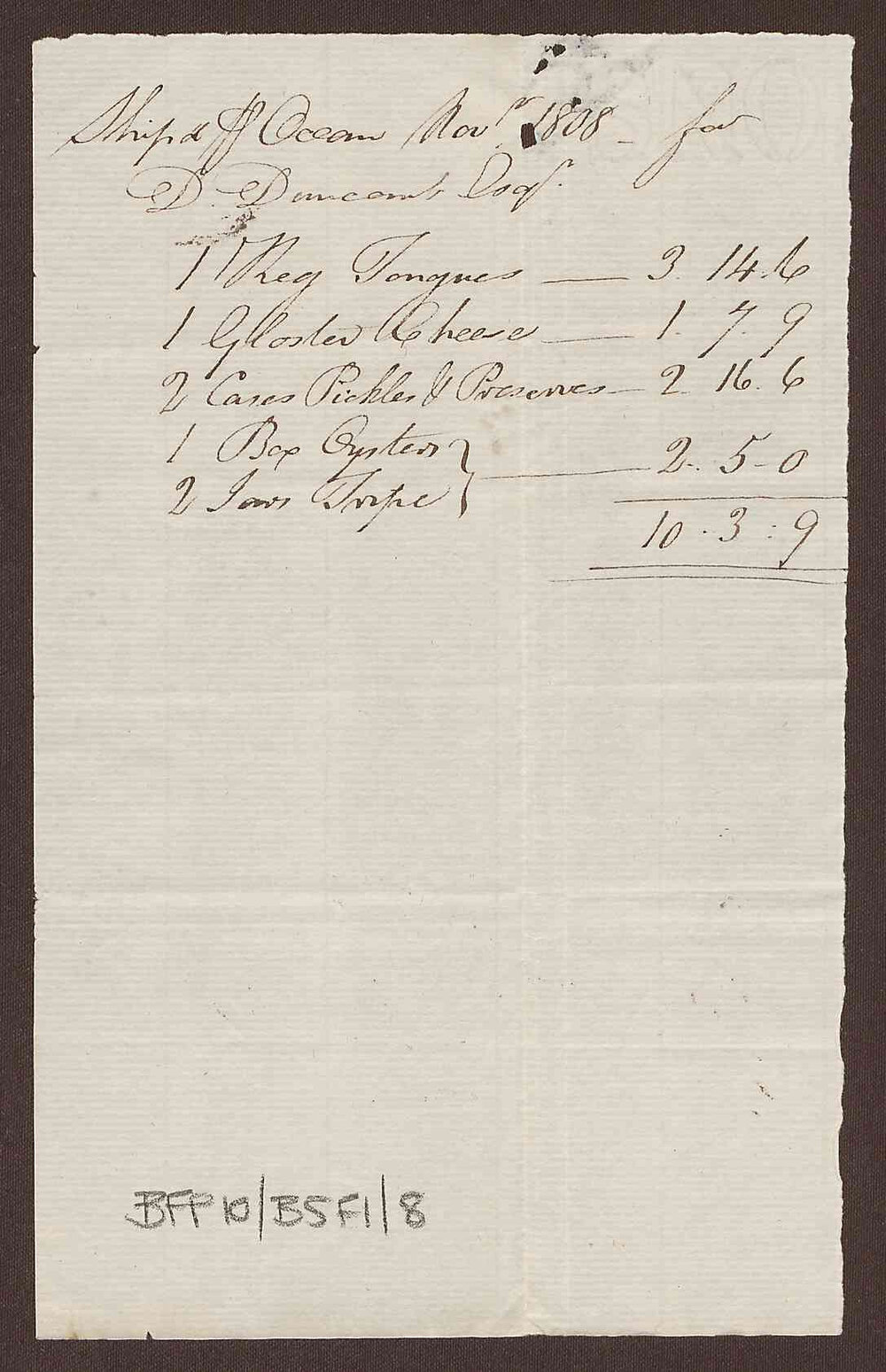 Inventory of items on board ship and prices, sent to David Duncomb