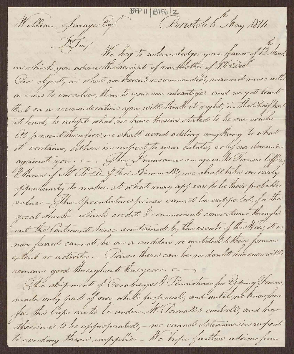 Letter to William Savage, Jamaica, from Lowbridge and Richard Bright, Bristol
