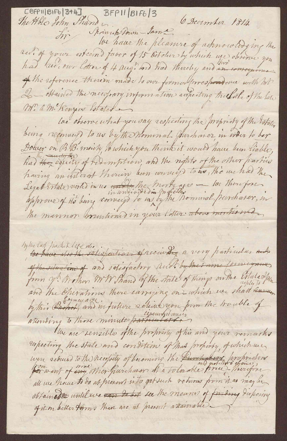 Copies of two letters (i) to The Honourable John Shand, Spanish Town, Jamaica, from Lowbridge and Richard Bright, Bristol and (ii) to William Shand, Clarendon, Jamaica, from Lowbridge and Richard Bright, Bristol