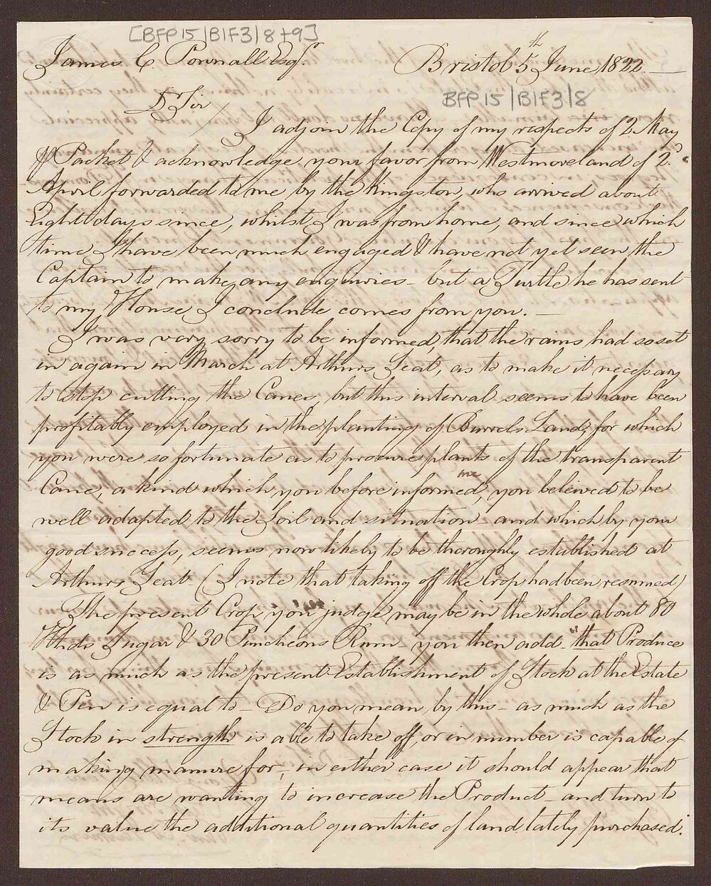 Letter to James Corne Pownall, Jamaica from Richard Bright, Bristol