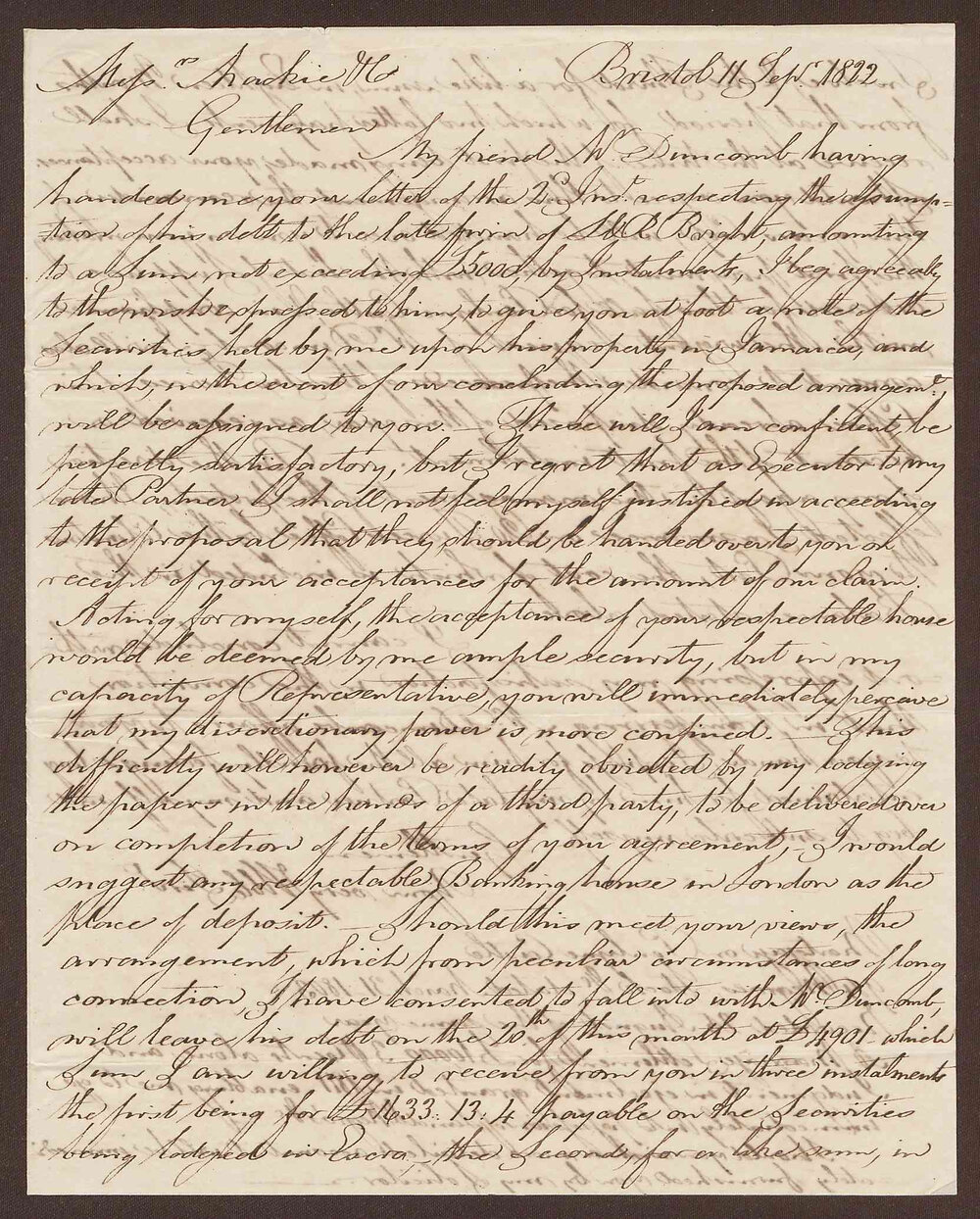 Letter to James Corne Pownall, Jamaica from Richard Bright, Bristol
