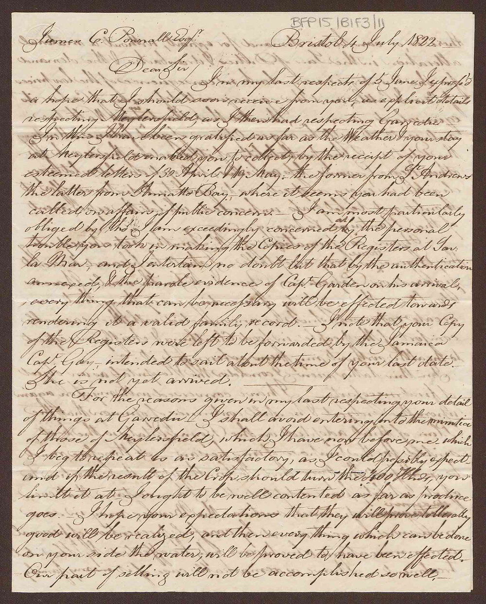 Two letters to James Corne Pownall, Jamaica from Richard Bright, Bristol