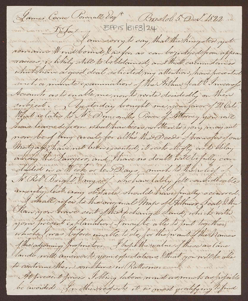Letter to James Corne Pownall, Jamaica from Richard Bright, Bristol