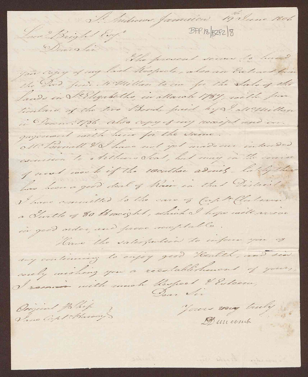 Two letters to Lowbridge Bright, Bristol, from David Duncomb, St Andrews, Jamaica