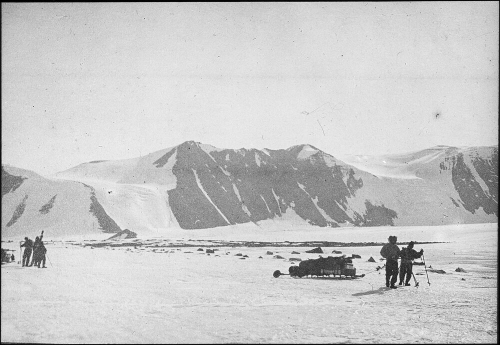 Moraine with sledges in foreground