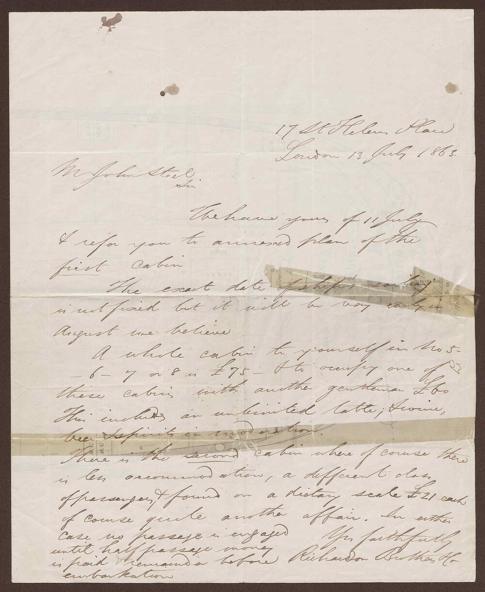 Letter from Richardson Bros. to John Steel