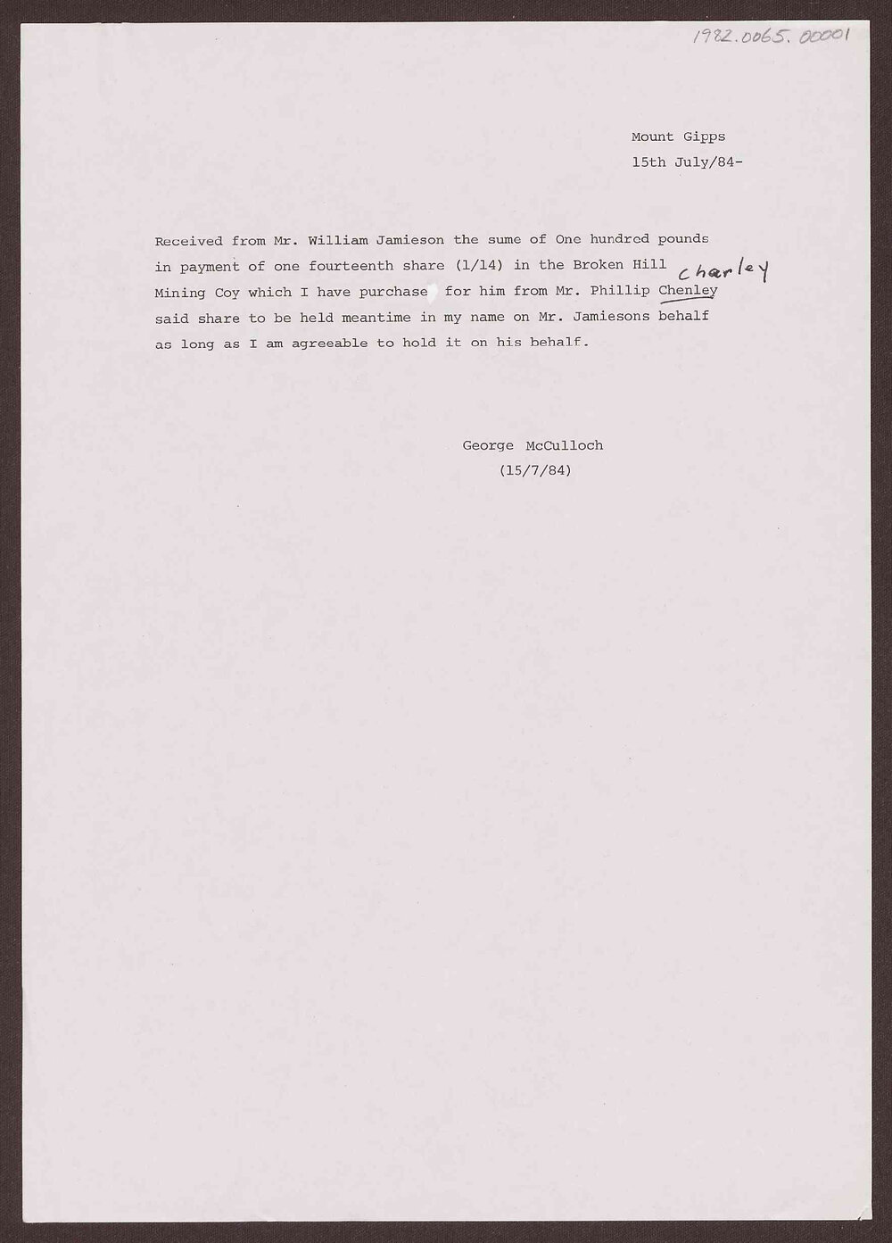 Receipt for payment of one fourtennth share in the Broken Hill Mining Coy.
