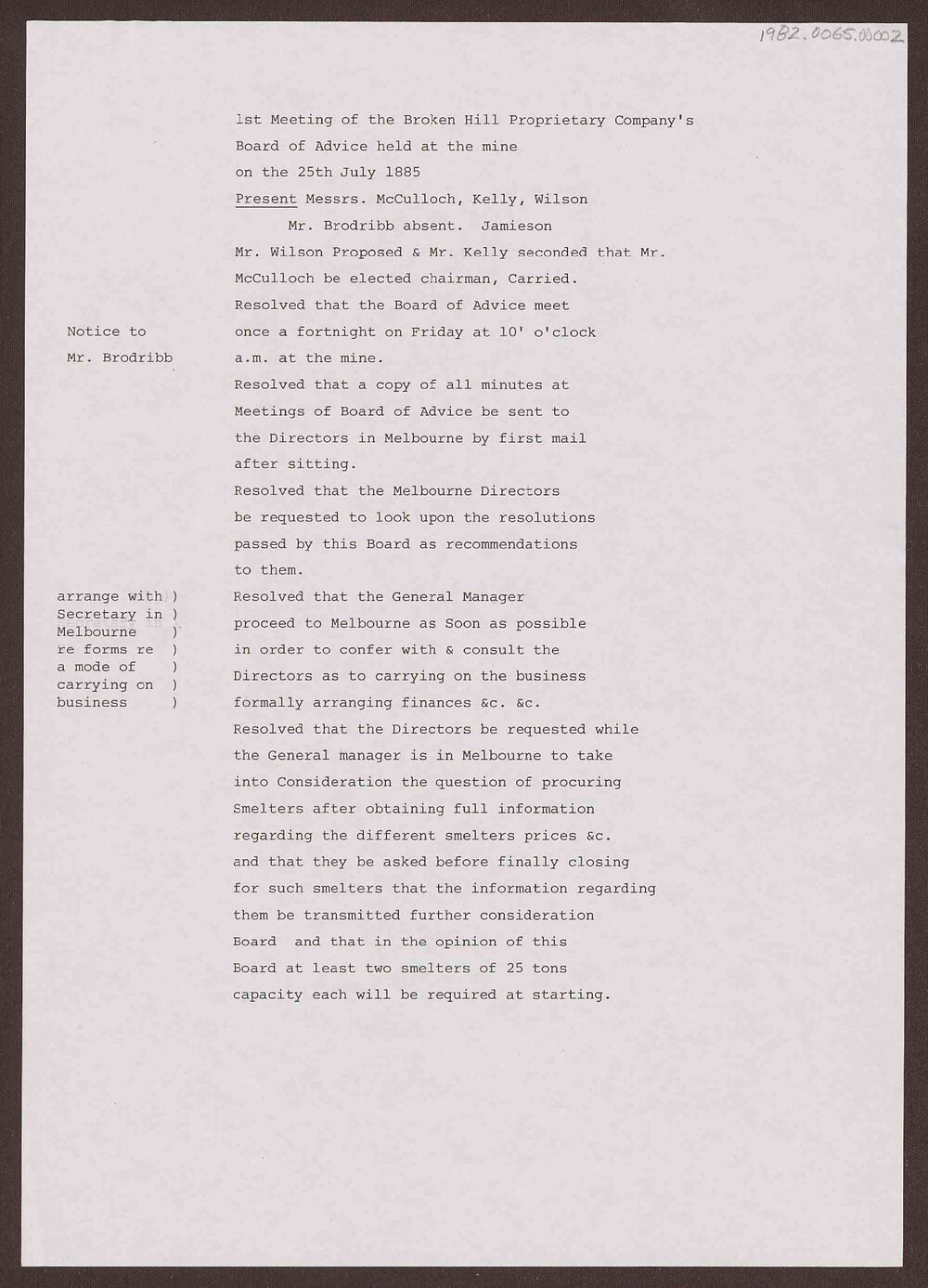 1st Meeting of the Broken Hill Propriety Company's Board of Advice held at the mine on the 25th July 1885