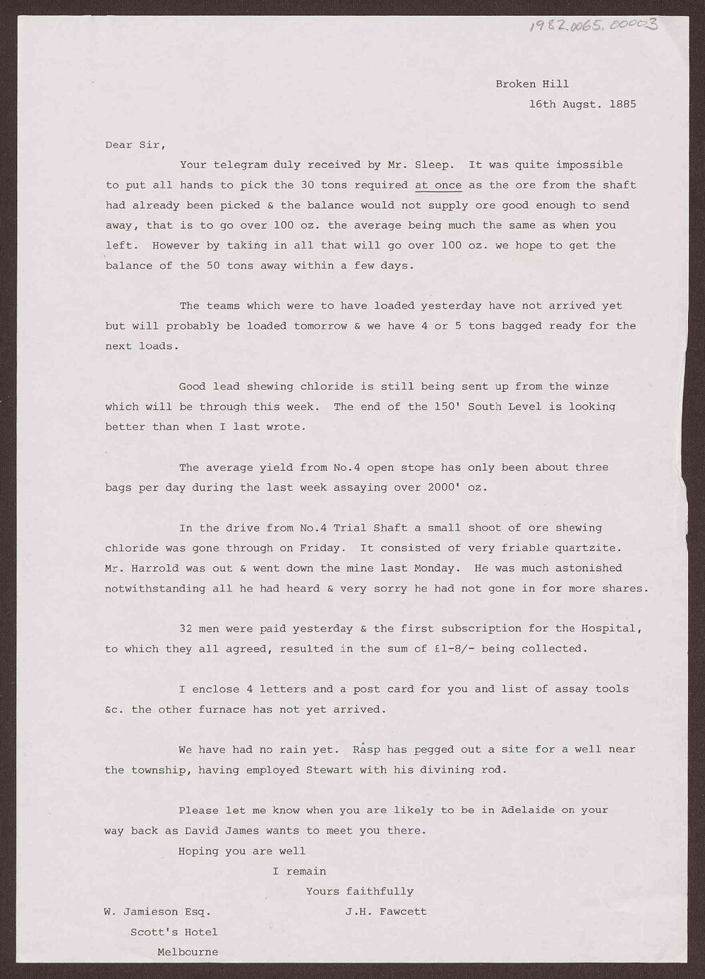 Letter to W. Jamieson Esq. from J.H. Fawcett