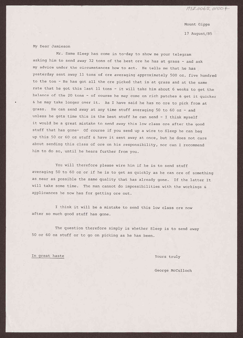 Letter to Jamieson from George McCulloch
