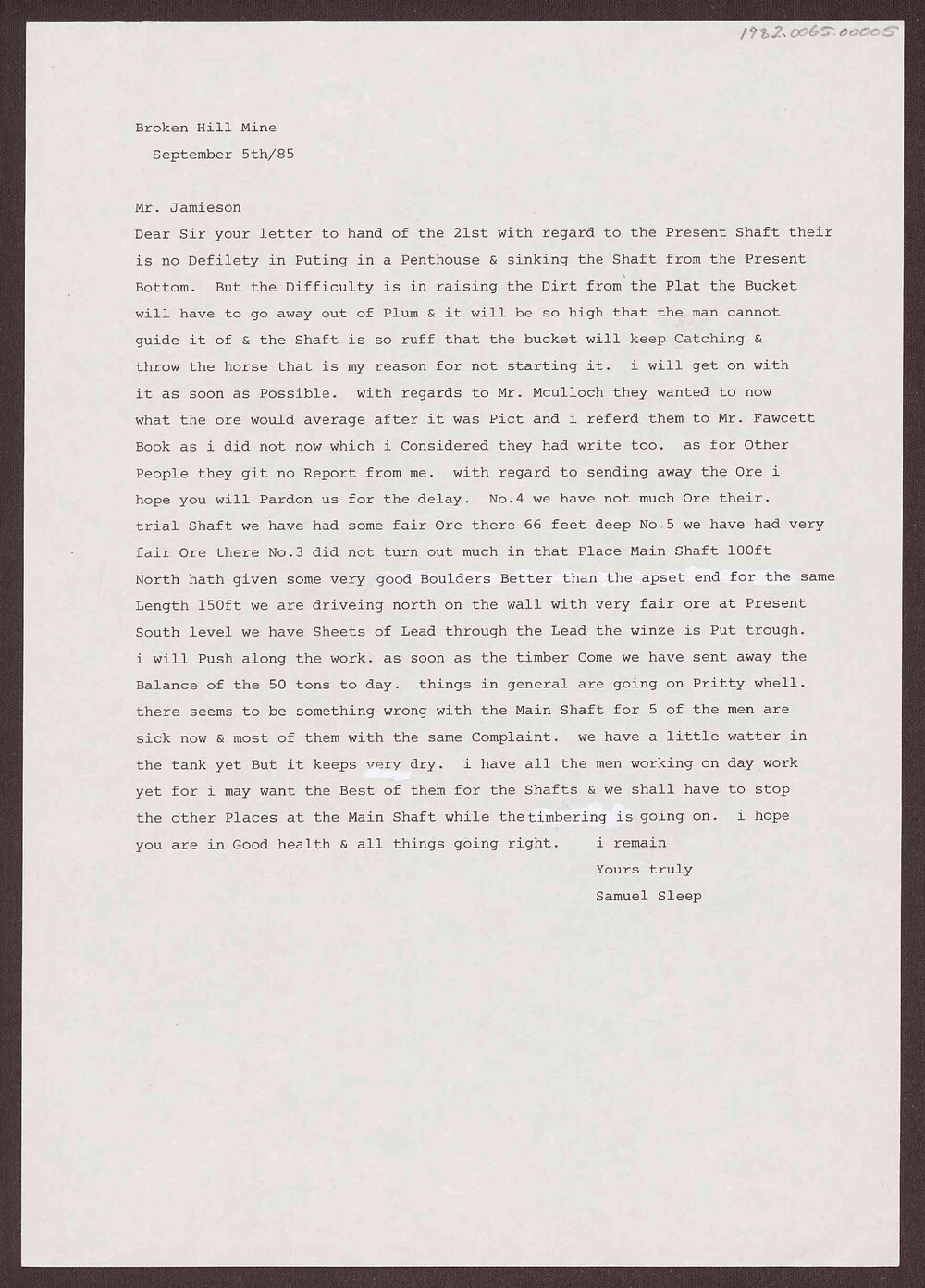 Letter to Mr Jamieson from Samuel Sleep