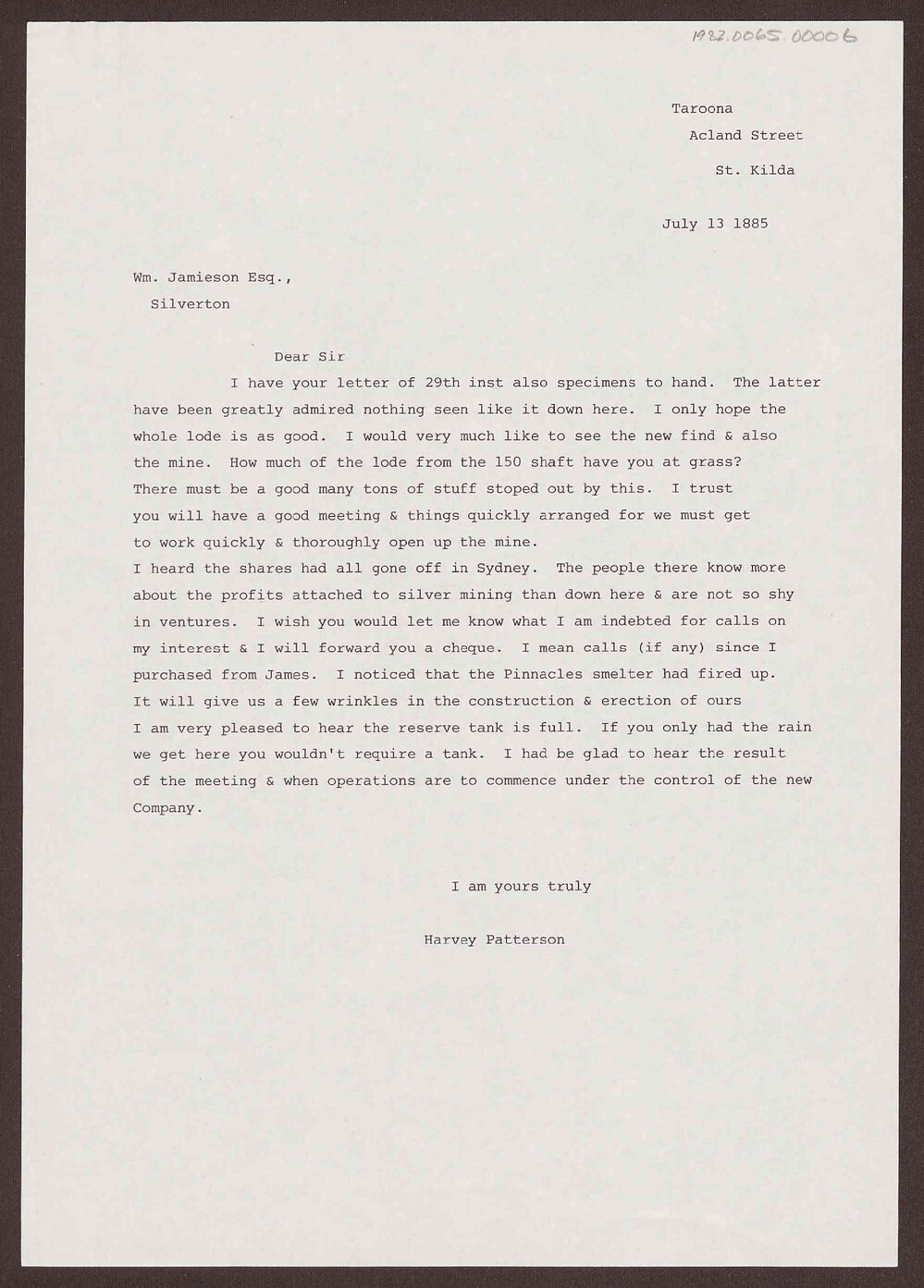 Letter to Wm. Jamieson Esq. from Harvey Patterson