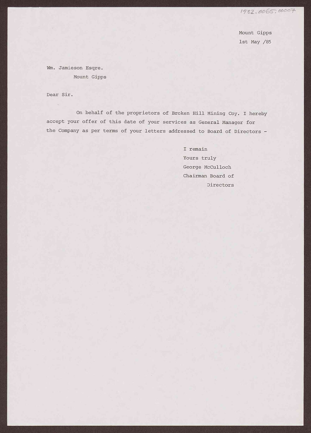 Letter to Wm. Jamieson Esq. from George McCulloch