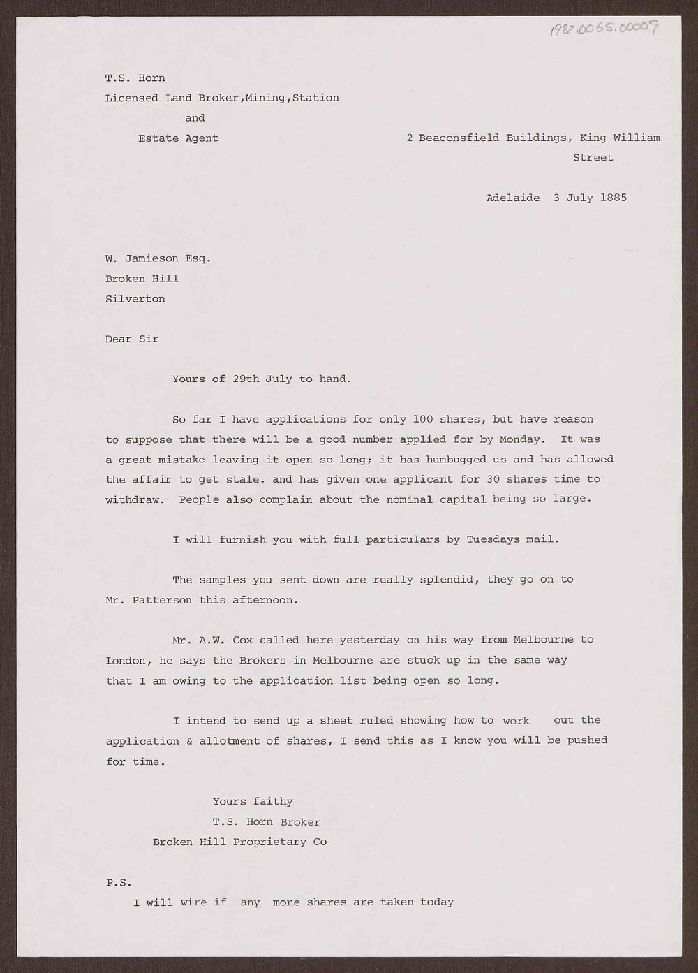 Letter to W. Jamieson Esq. from T.S. Horn