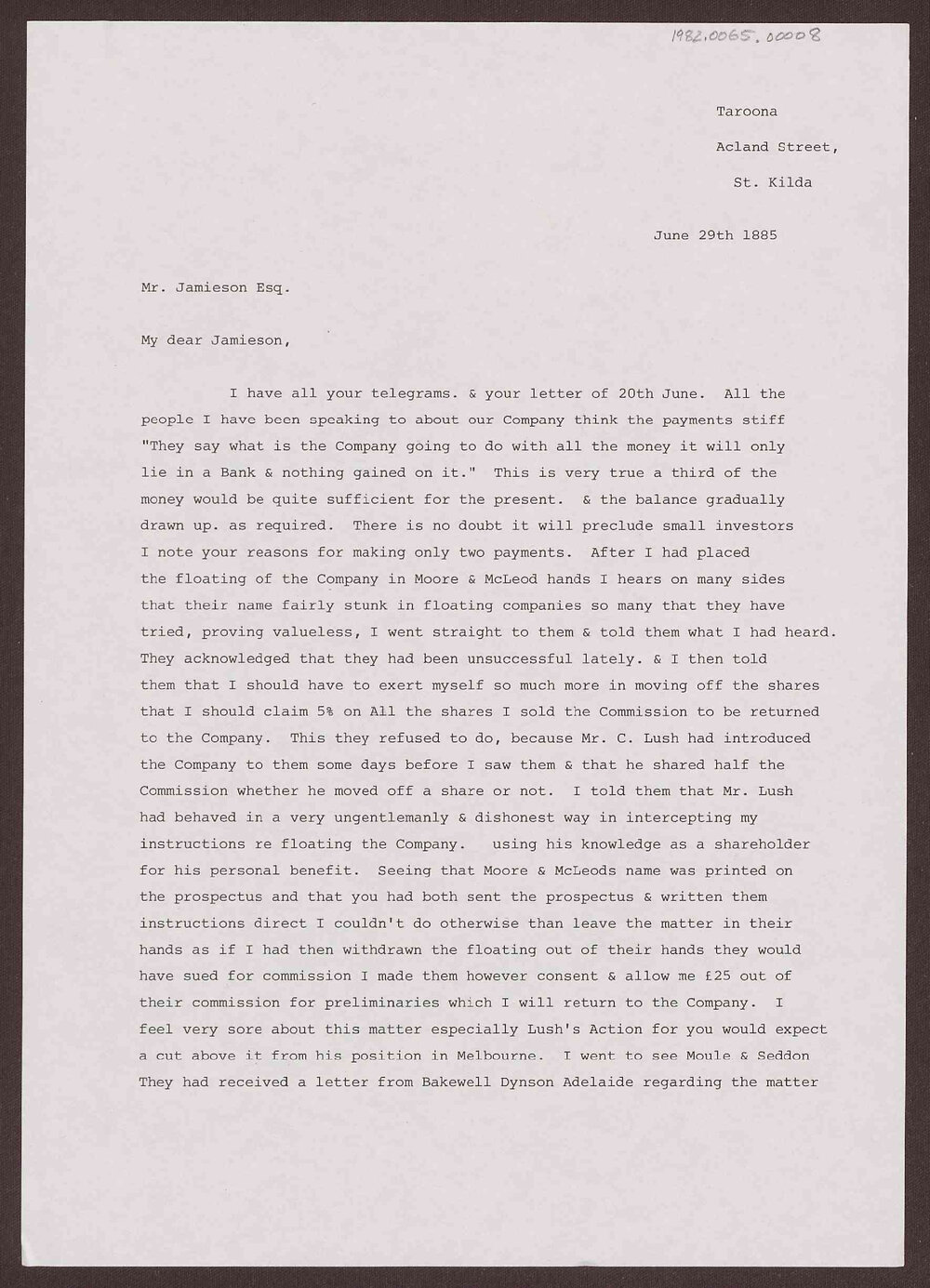 Letter to Mr Jamieson Esq. from Harvey Patterson