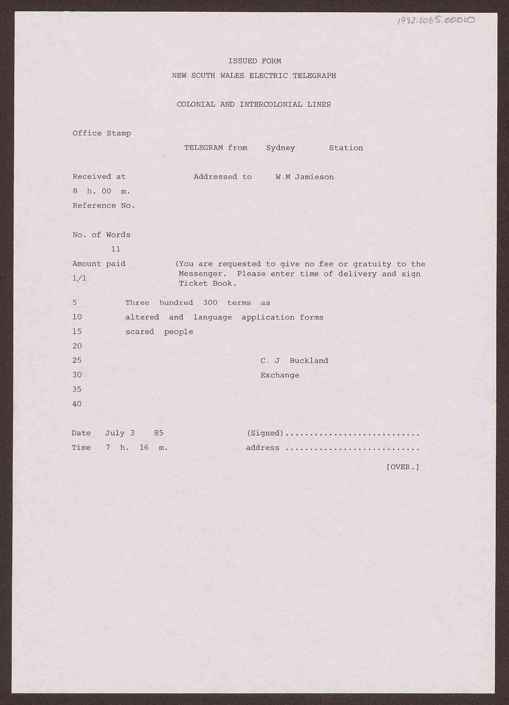 Telegram to W.M Jamieson