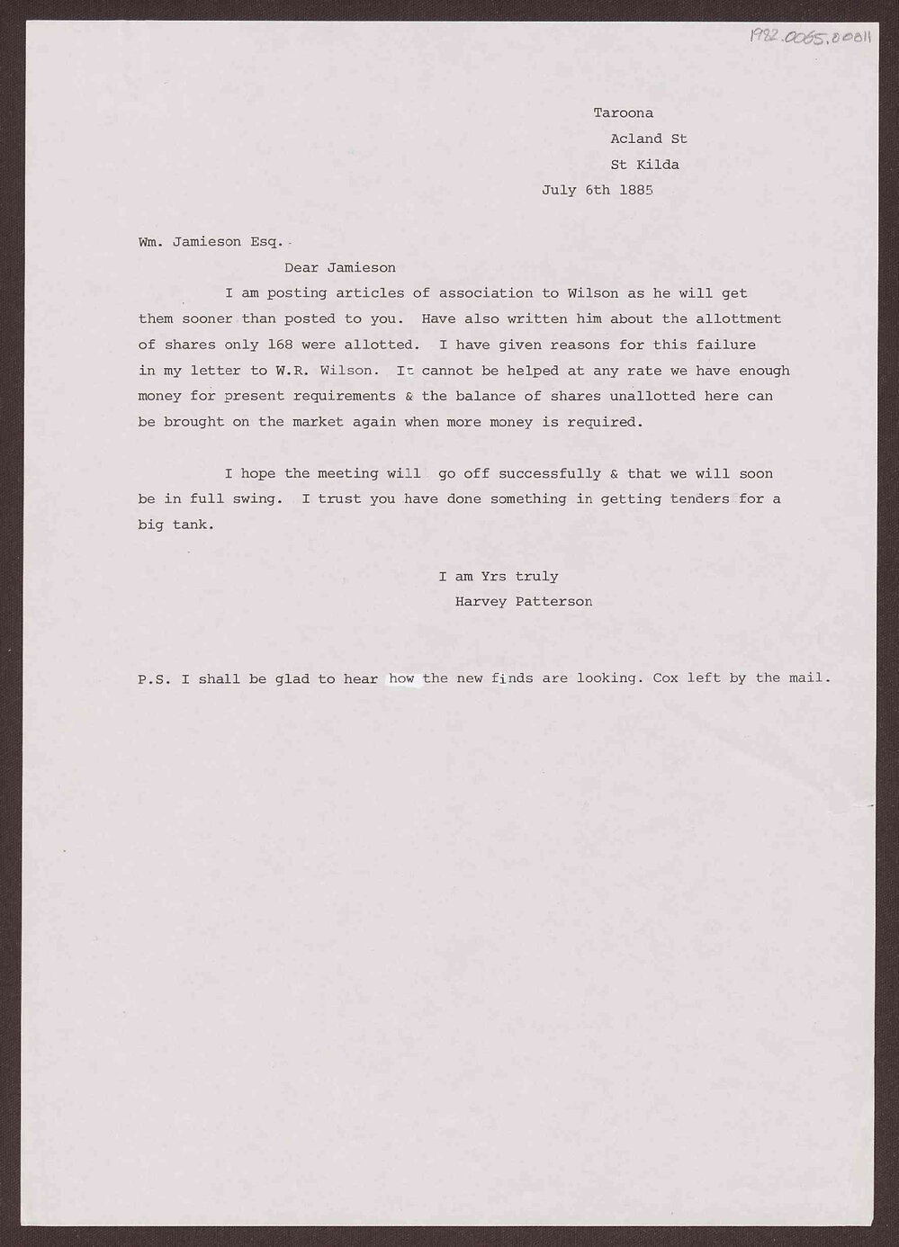 Letter to Wm. Jamieson from Harvey Patterson