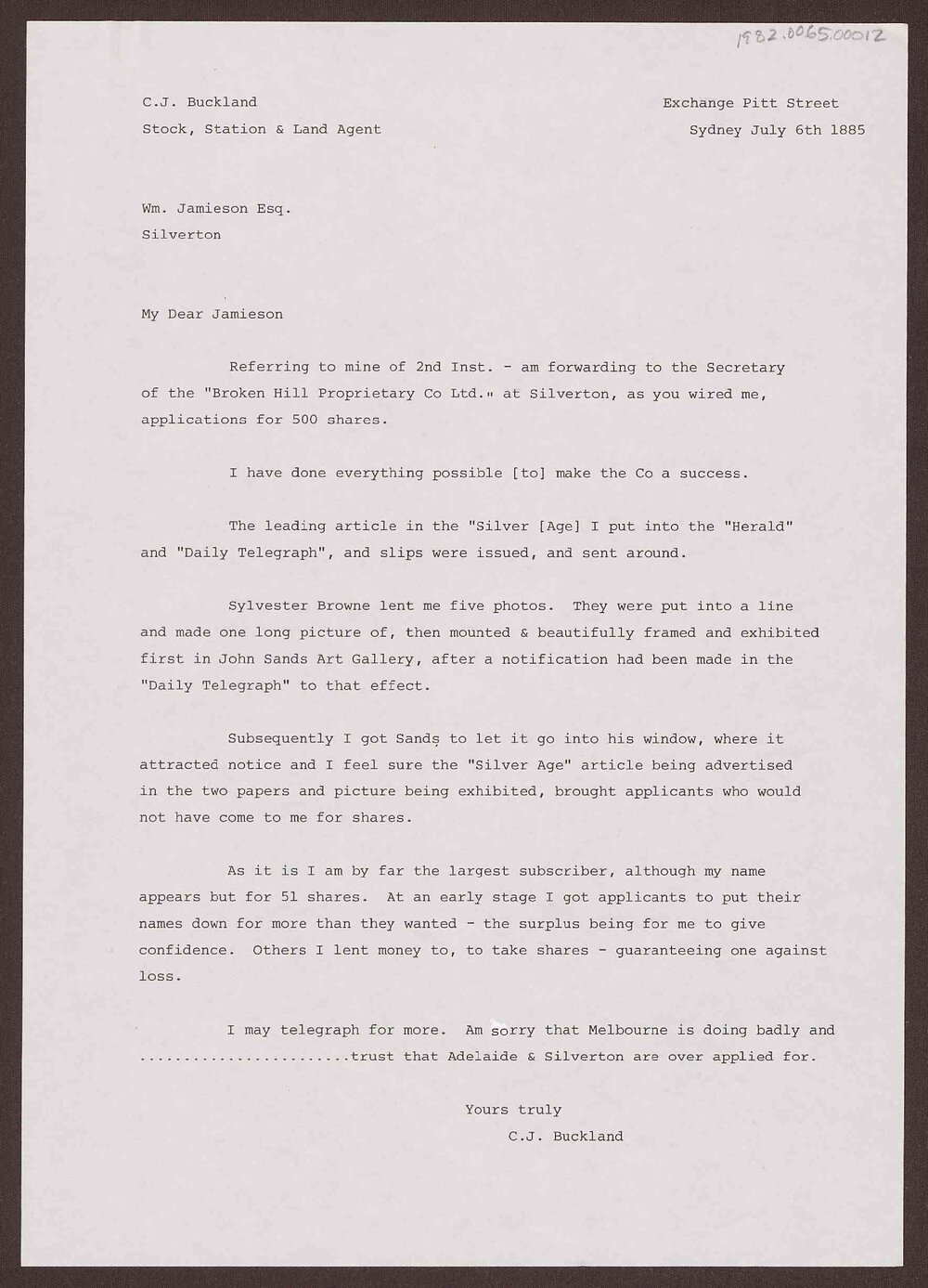 Letter to Wm. Jamieson Esq. from C.J. Buckland