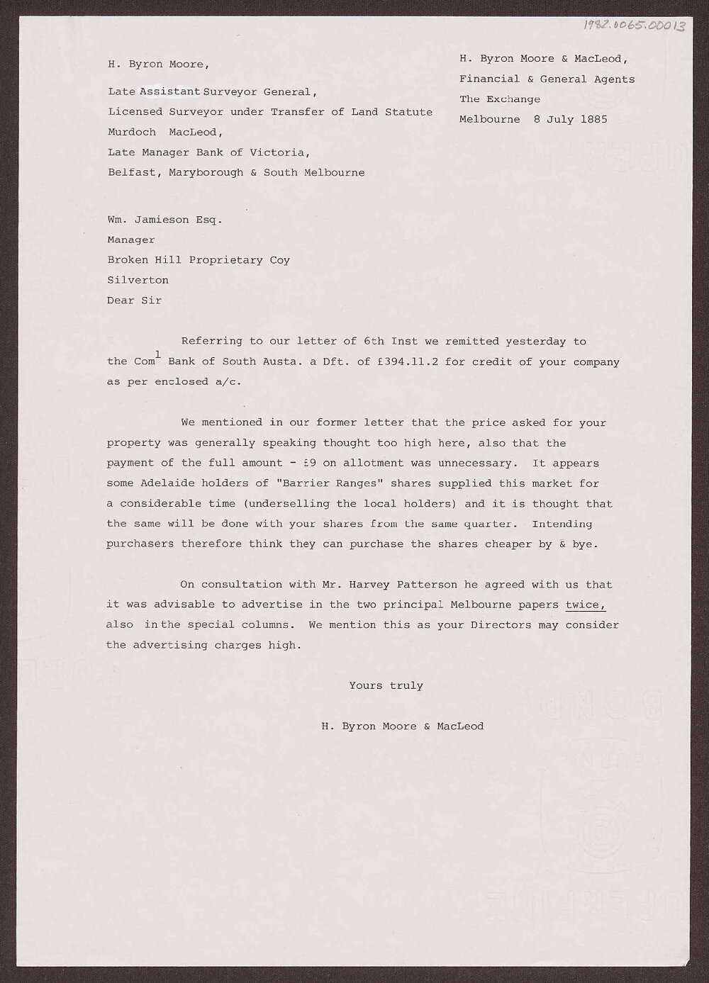 Letter to Wm. Jamieson Esq. from H. Byron Moore &amp; MacLeod