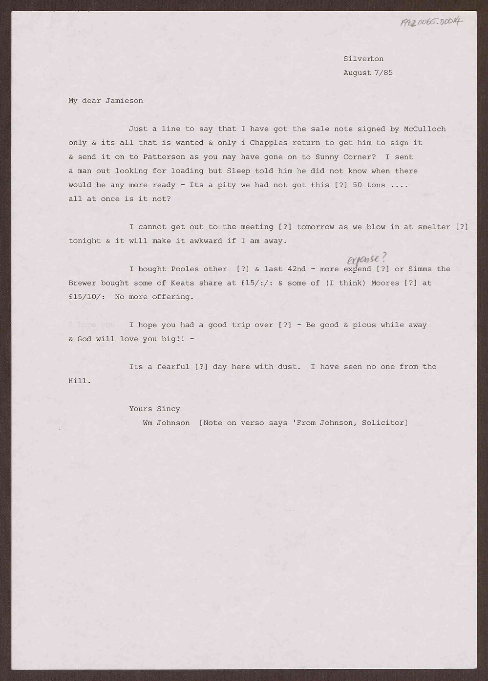 Letter to Jamieson from Wm Johnson
