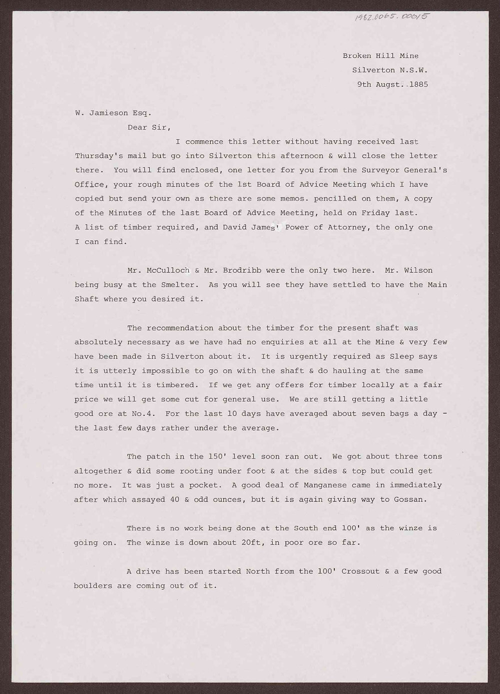 Letter to W. Jamieson Esq. from J.H. Fawcett