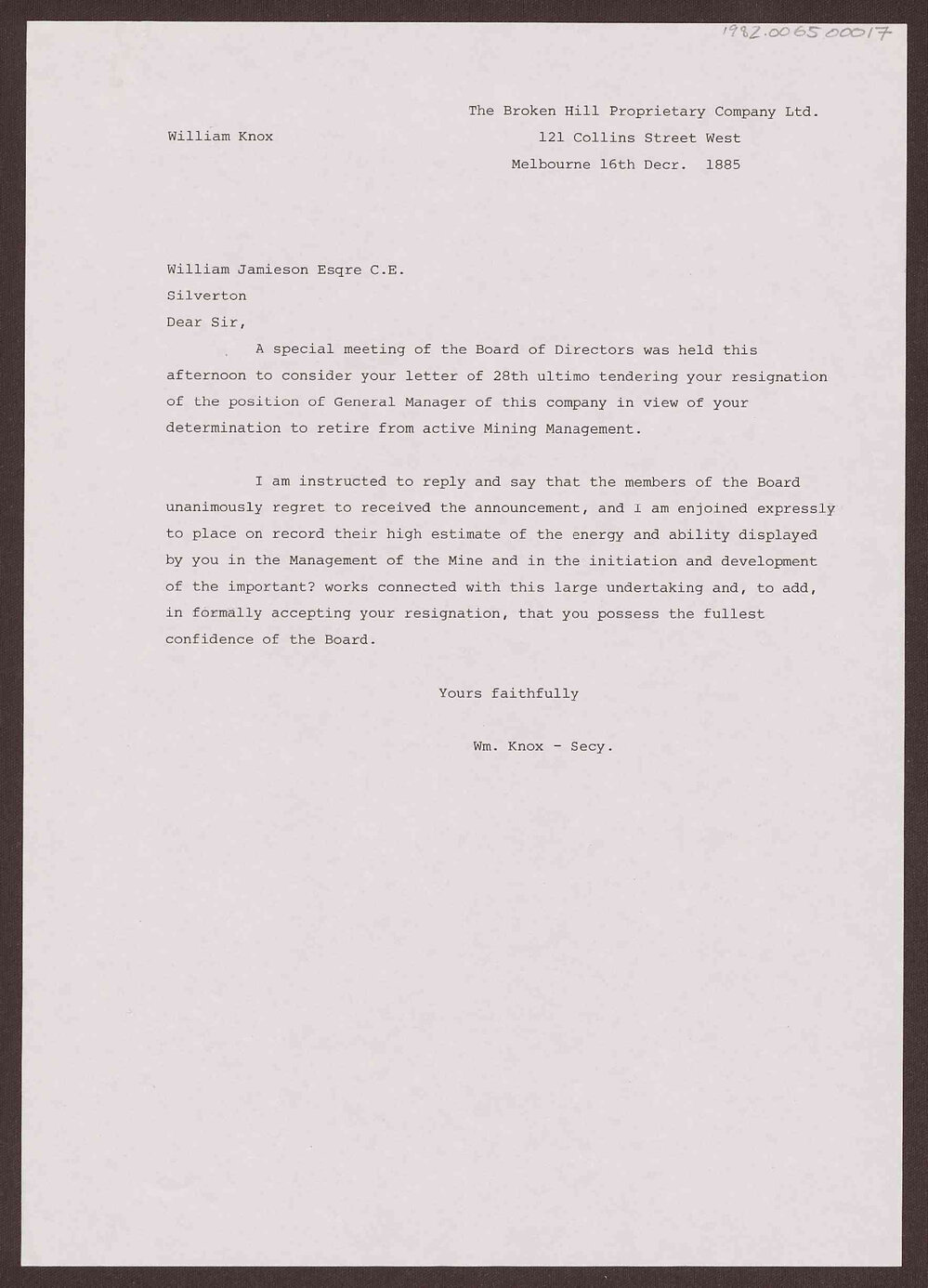 Letter to William Jamieson Esqre. From William Knox, Secretary