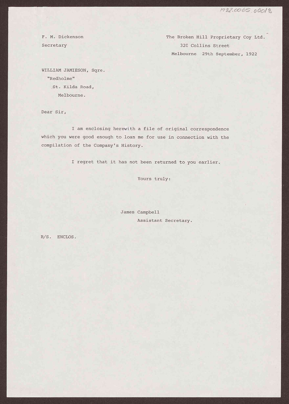 Letter to William Jamieson, Esqre. from James Campbell