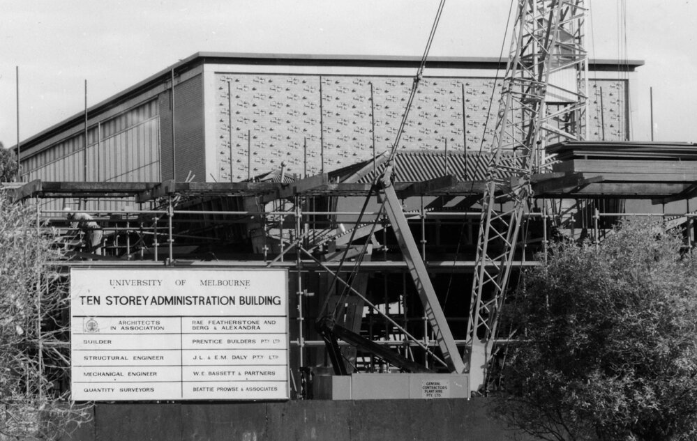 Construction site and information board, Raymond Priestley Building, University of Melbourne.