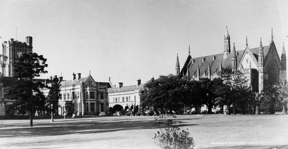 View of Old Arts-Law, Quadrangle and Wilson Hall, University of Melbourne.