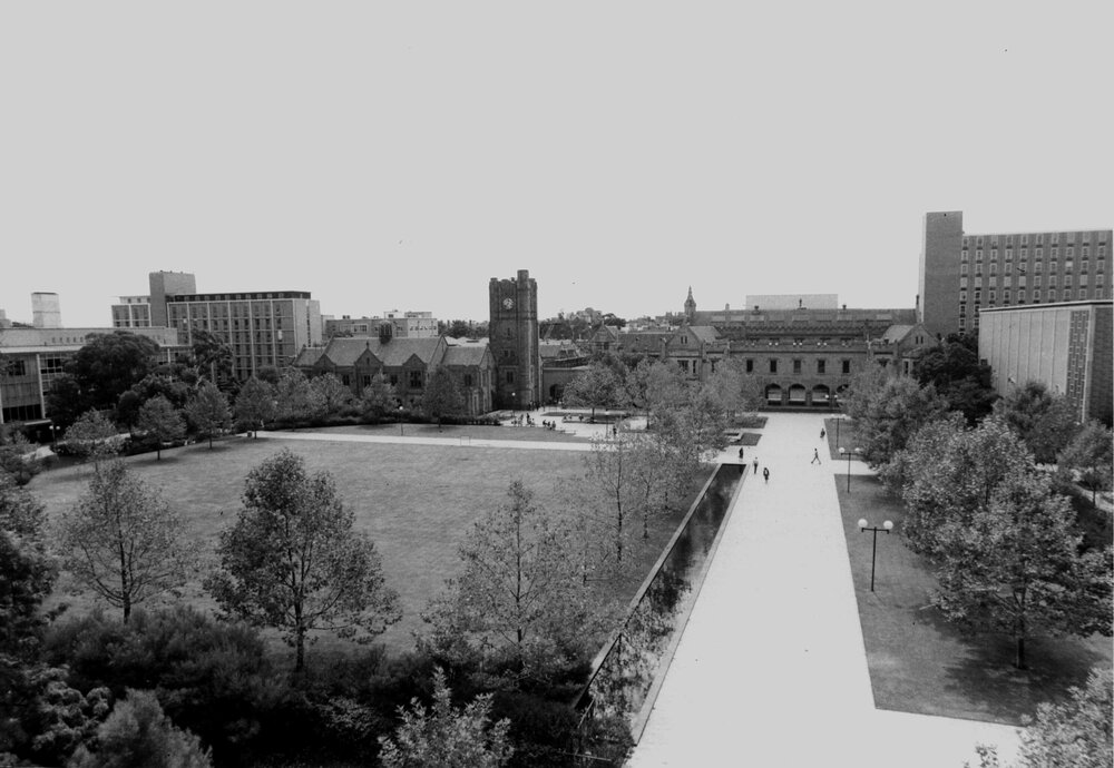 View of part of University of Melbourne from Arts South - Medley Building Bridge.