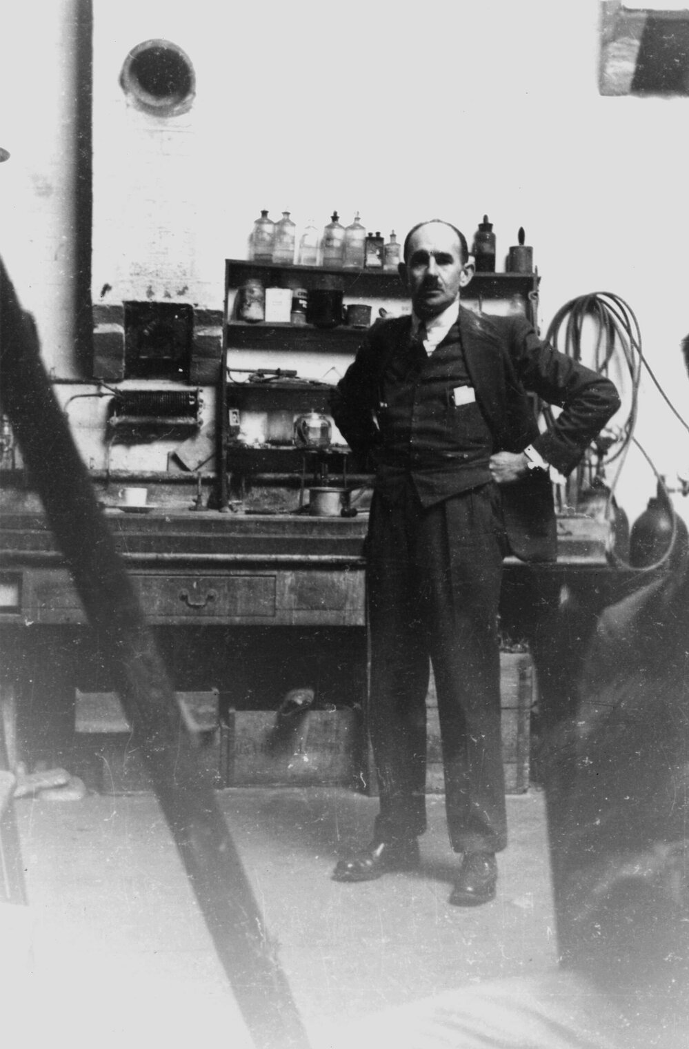 Archibald "Archie" Carter in Chemistry Department workshop, University of Melbourne.