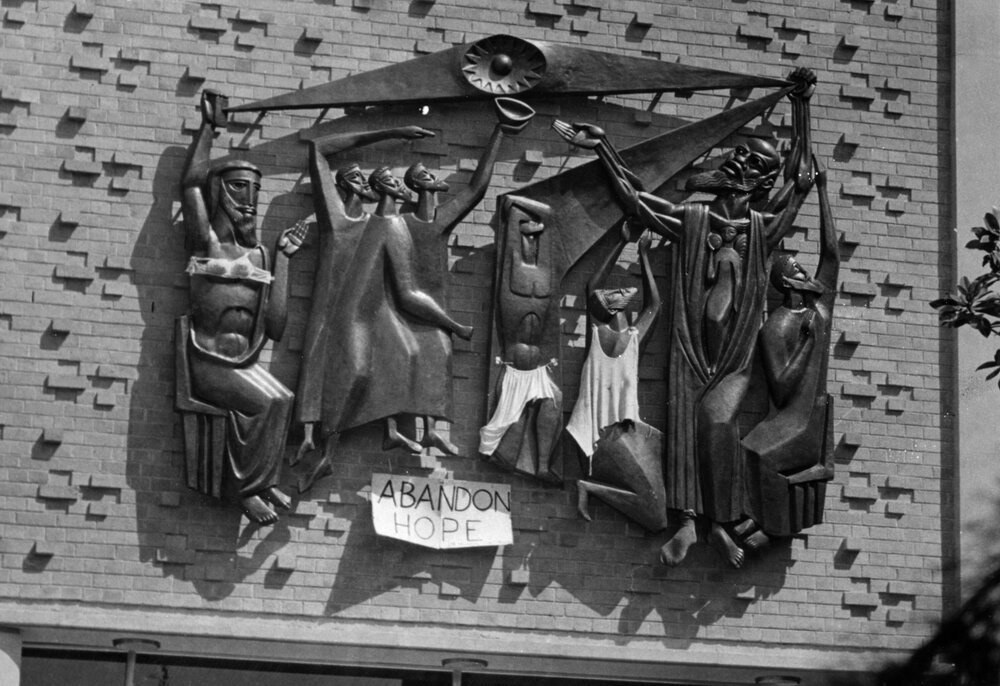 "The Trial of Socrates" mural above the entrance to Wilson Hall, University of Melbourne.