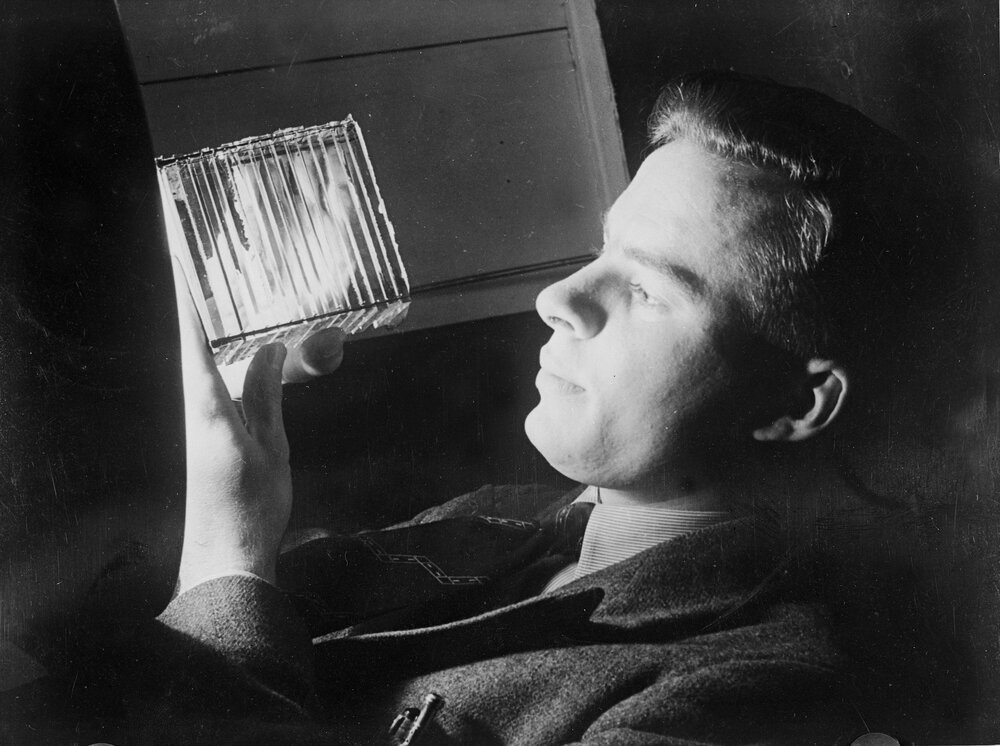 University optical research.  Copy negative of stack of plates ready for fusing.