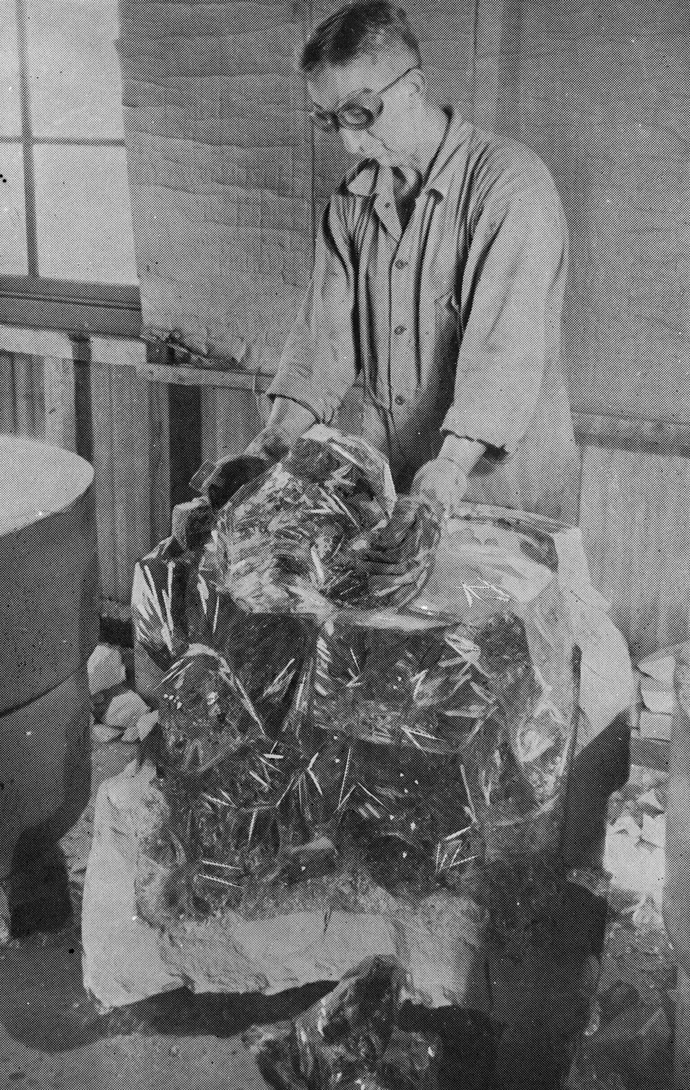 University optical research.  Copy negative of large mass of glass awaiting processing.