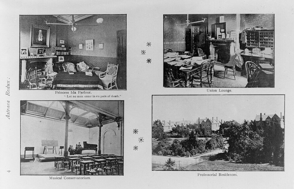 University.  Copy negative of book plate showing four early campus views.