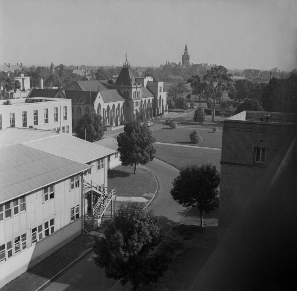 Old Accounts, Union &amp; lawns, Ormond clock from top of Senior Theatre.
