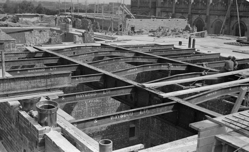 University building under construction. Skylight framework of Masson Theatre